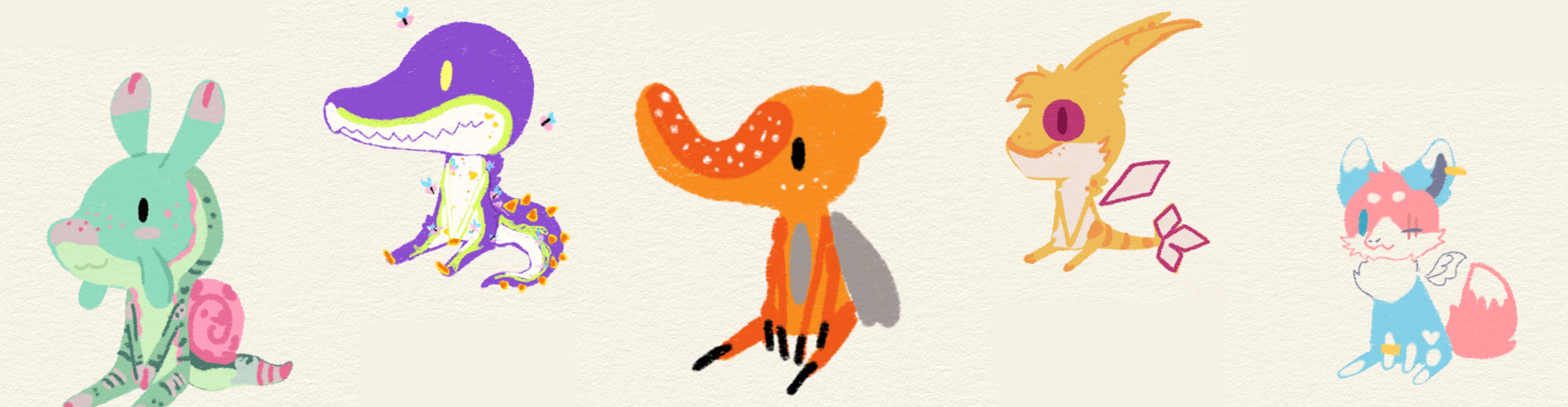 A collection of crayon doodles of furry characters